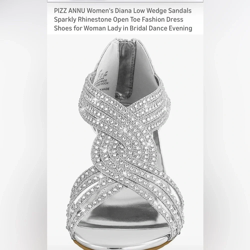 PIZZ ANNU Women's Diana Low Wedge Sandals Sparkly Rhinestone Open Toe 11